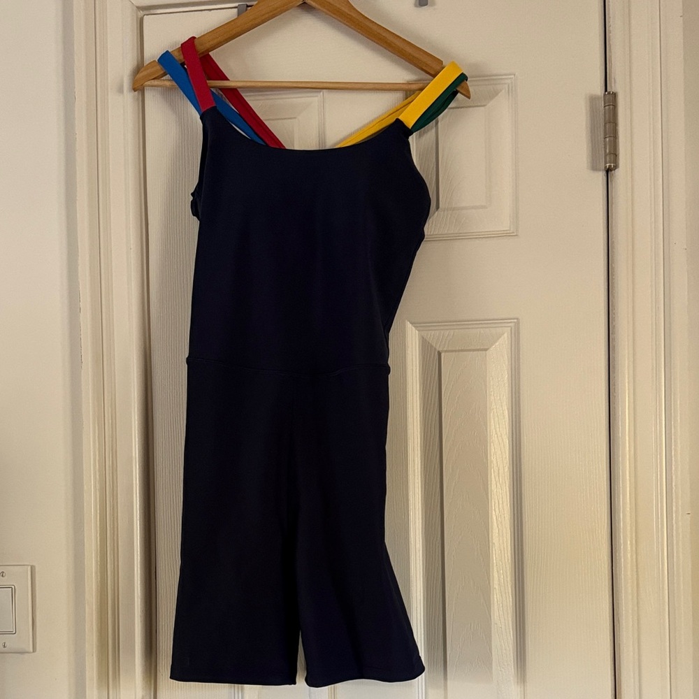 Aqua Navy Workout Romper with Rainbow Straps